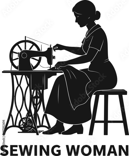 Silhouette of a seamstress focused on dressmaking with an antique sewing machine, crafting vintage fashion