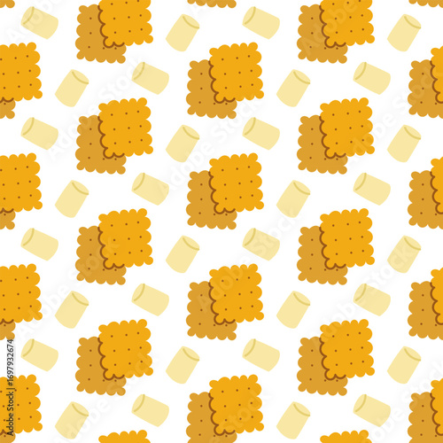Pattern of Two cookies and white marshmallow. Flat color seamless texture. Marshmallow, cookies. Sweet snacks in nature. Recharging on road. Design for packaging in theme of Picnic, Hiking, Camping