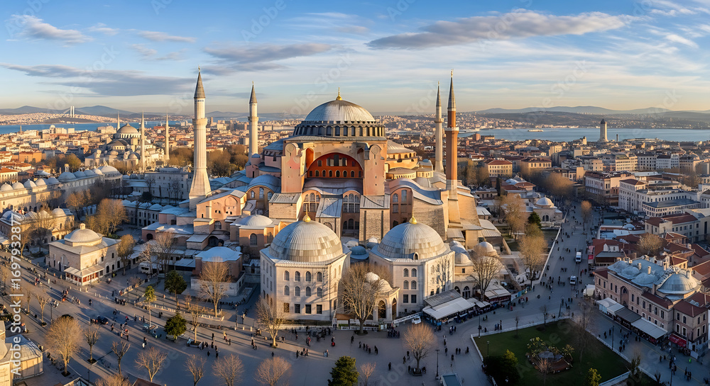 Obraz premium Drone aerial panorama of Hagia Sophia and Sultanahmet Square in Istanbul Turkey