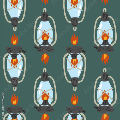 Pattern of Kerosene lamp on blue. Flat color seamless texture. Retro item for camping lighting. Cozy environment with fireplace. Design for packaging in the theme of Picnic, Hiking, Camping
