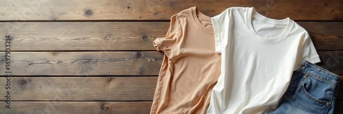 Soft, comfy cotton t-shirt draped casually on a rustic wooden surface, conveying a sense of relaxation and comfort Ideal for apparel, lifestyle, and wellbeing projects , surface, cream, beige