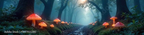 Enchanted forest path, glowing mushrooms, mystical light filtering through ancient trees, ethereal fog, magical atmosphere, perfect for fantasy and fairytale themes , otherworldly, nature