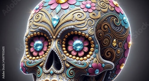 Wallpaper Mural Decorative Day of the Dead Sugar Skull with Colorful Gems and Patterns Torontodigital.ca