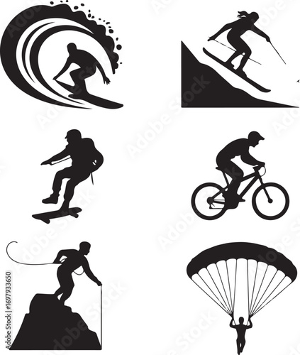 Black and white silhouettes of people engaged in various extreme sports woman surfing