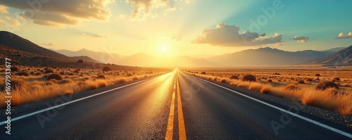 Endless asphalt ribbon stretching towards a hazy, sun-drenched horizon, promising adventure and open road freedom Perfect for travel, vacation, and wanderlust themes , vacation, road trip