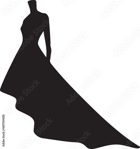 Black silhouette of a mannequin wearing a long flowing formal gown dress