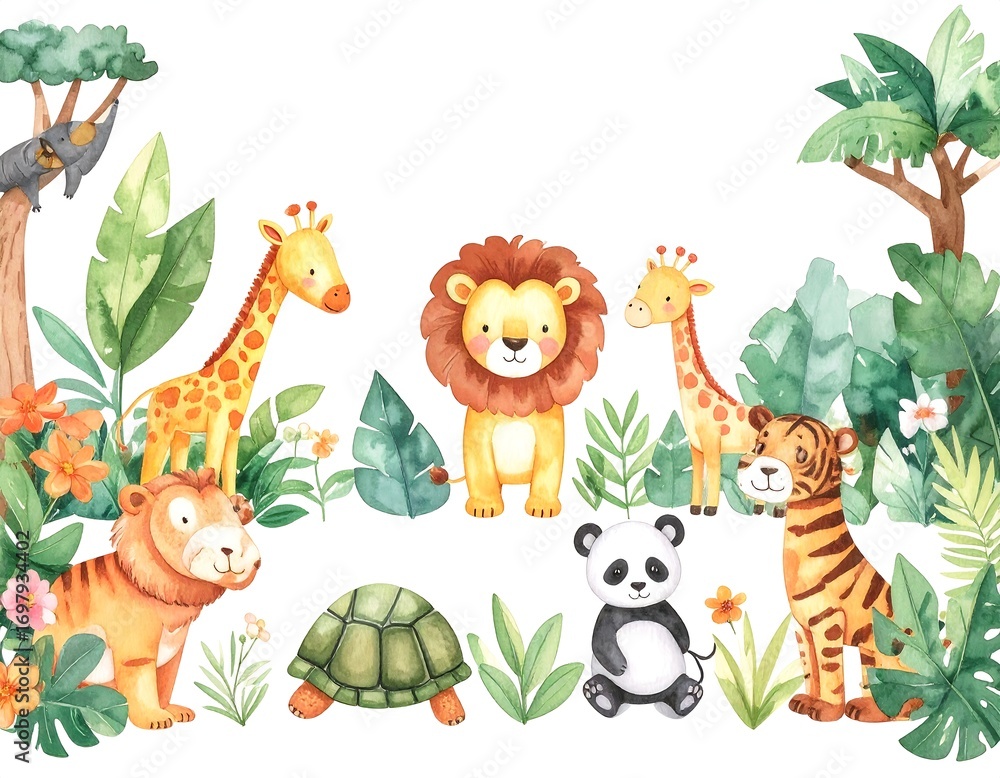 Fototapeta premium Cute cartoon safari animals in a lush jungle setting. Watercolor style