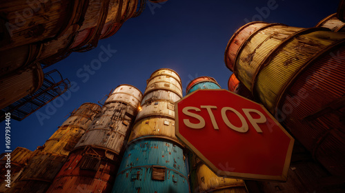 Wallpaper Mural spiral staircase of containers ascending but top blocked by stop sign silhouette no text illustration concept scene visual for commercial design use high detail quality stock image illustration Torontodigital.ca