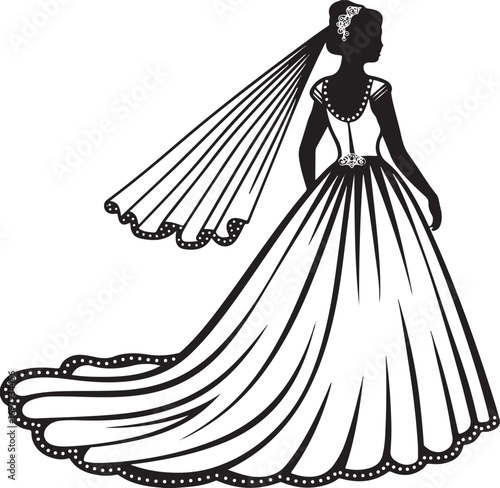 Silhouette of a bride in a wedding dress with a long veil and ornate details gown