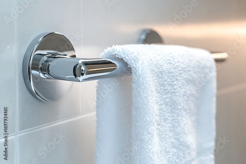 Fluffy white towel hangs neatly on a shiny chrome towel bar against a tiled wall