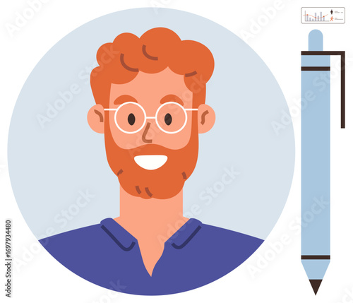 Smiling man wearing glasses and collared shirt next to a pen. Ideal for education, writing, creativity, professionalism, self-expression, personal development, and business focus. Simple flat