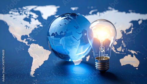 A glowing lightbulb next to a transparent globe sits on a world map. It symbolizes global innovation and energy