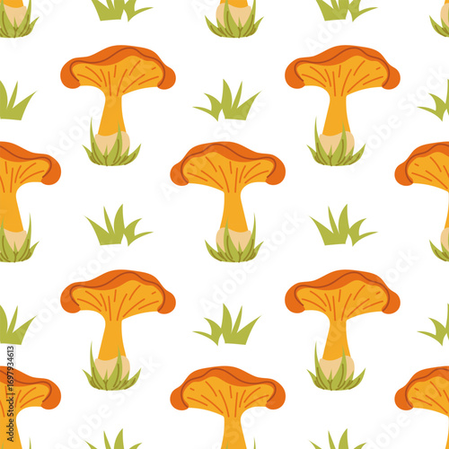 Pattern of chanterelle mushroom in grass. Flat colored seamless texture. Forest item, autumn harvest. Picking mushrooms. Single bright orange mushroom. Design for postcards. Picnic, hike, walk forest