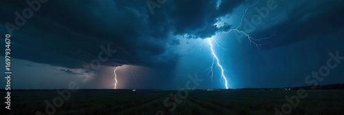 Dark, brooding sky filled with ominous storm clouds, heavy rain, and dramatic lightning illuminating the landscape Perfect for weather, nature, and apocalyptic themes , thunder, night, sky