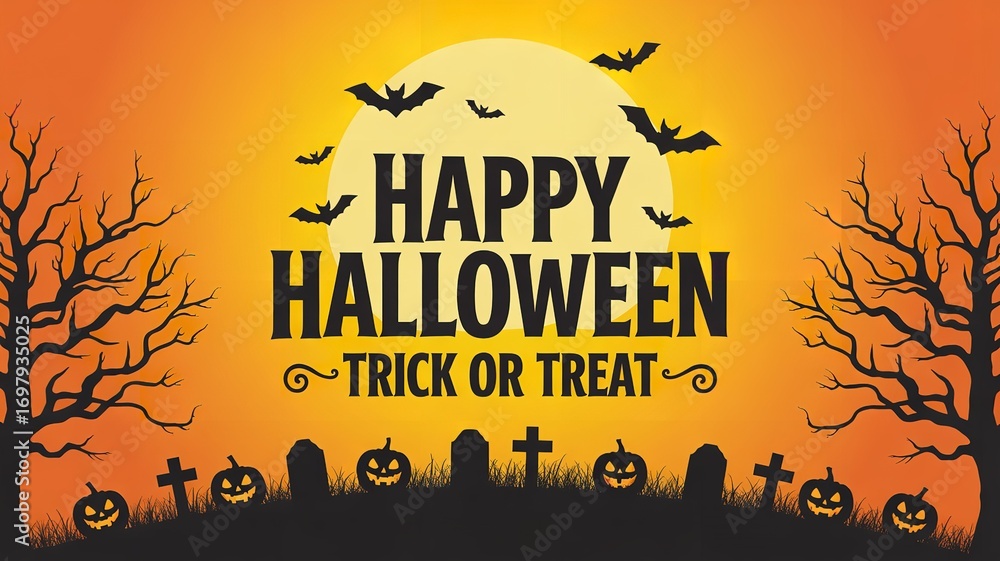 Fototapeta premium Happy halloween scene with bats, pumpkins, trees, tombstones and a full moon with orange background