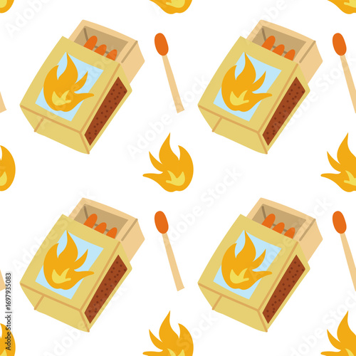 Pattern of a box of matches for starting a fire. Flat colored seamless texture. Wooden matches in a cardboard box, a match, a flame. Starting a fire. Packaging design. Picnics, hikes, camping