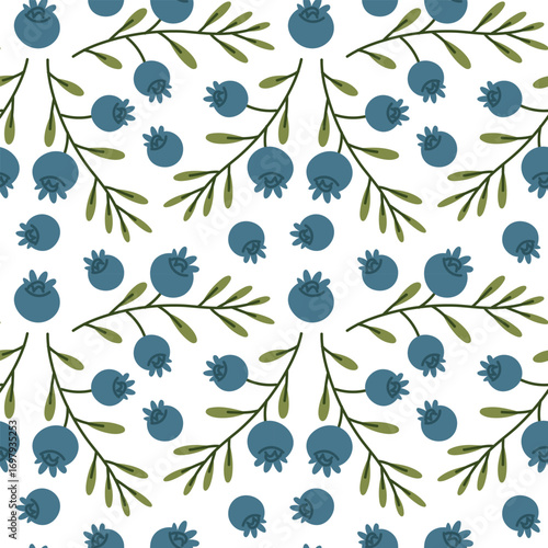 Pattern Blueberry twigs with blue berries in an ornament. Flat colored seamless texture. Cute twigs with berries, separate. Picking blueberries. Juicy berries. Design for packaging. Picnic, hike, walk