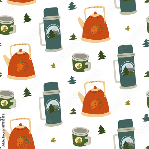 Pattern of Thermos, iron mug, kettle. Flat color seamless texture. Water storage, drinking utensils, water heating. Hot tea, water, broth. Packaging design. Picnics, hiking, camping