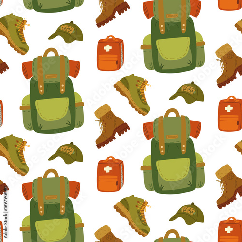 Pattern of camping supplies. Backpack, hat, men's hiking shoes, women's hiking shoes, first aid bag. Flat color seamless texture. Packaging design. Picnics, hiking, camping