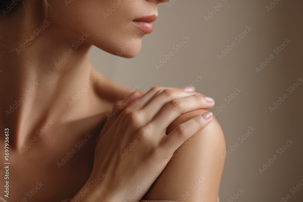© lemonmoon - Close up of bare shoulder delicate hand touching smooth skin soft natural light healthy complexion feminine beauty gentle serene relaxation wellness skincare