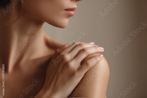 Close up of bare shoulder delicate hand touching smooth skin soft natural light healthy complexion feminine beauty gentle serene relaxation wellness skincare