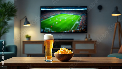 Cozy living room with snacks, beer, and TV showing soccer match