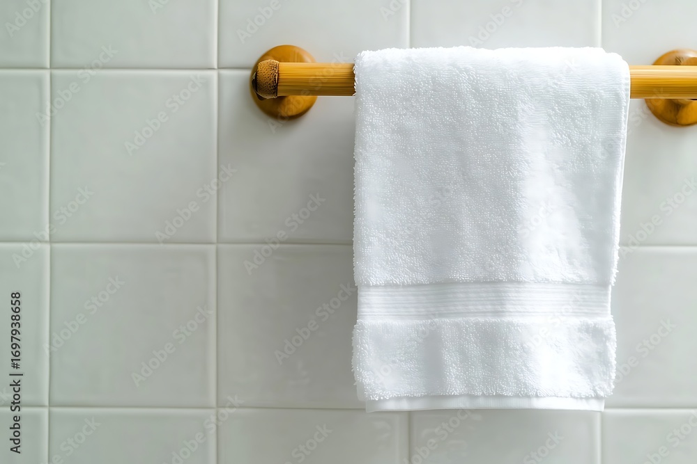 Obraz premium Clean white towel hanging on wooden rod against tiled wall in a bright bathroom