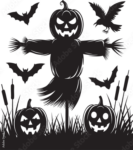 A silhouette of a scarecrow with a carved pumpkin face, surrounded by bats and crows, under a full moon.