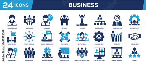 Business solid icons collection. Containing strategy, teamwork, development, organisation. Perfect pixel on transparent background. Vector illustration