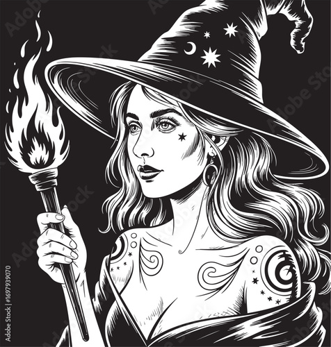 A striking black and white portrait of a woman, likely a witch, evokes a mysterious and powerful mood.