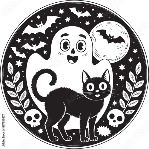 A whimsical, black and white graphic design featuring a friendly ghost and a black cat.