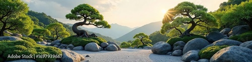 Serene scene at a Japanese Zen garden, featuring a meticulously raked rock garden and ancient bonsai trees under a tranquil sky , stillness, spiritual, plants