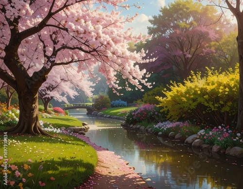 A serene spring garden with a flowing stream, vibrant blossoms, and a charming bridge, bathed in soft sunlight.