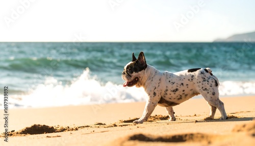 French Bulldog on beach at sunset