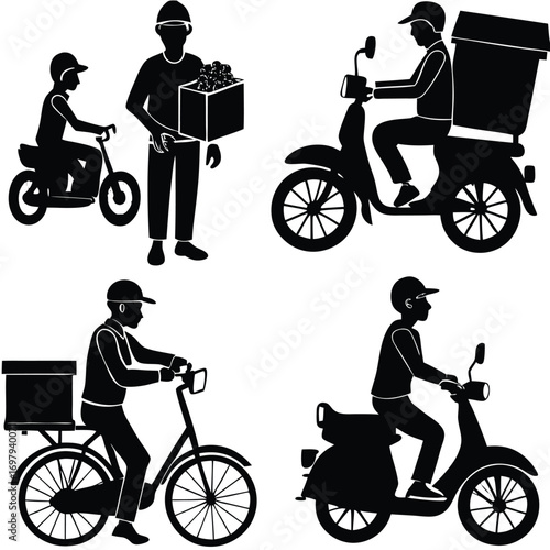 Delivery riders on various vehicles with packages