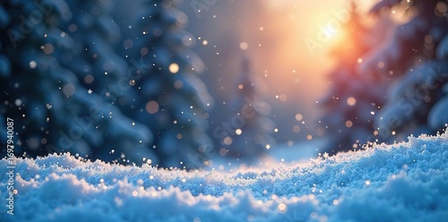Glistening snowflakes fall on a brightly lit winter landscape, creating a magical, snowy scene Perfect for holiday or winter themes , holiday season, night