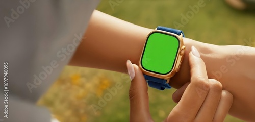 Close-up of a person wearing the Apple Watch Ultra 3 with a golden case and blue strap, green chroma screen ready for customization, outdoors with soft blurred nature background.