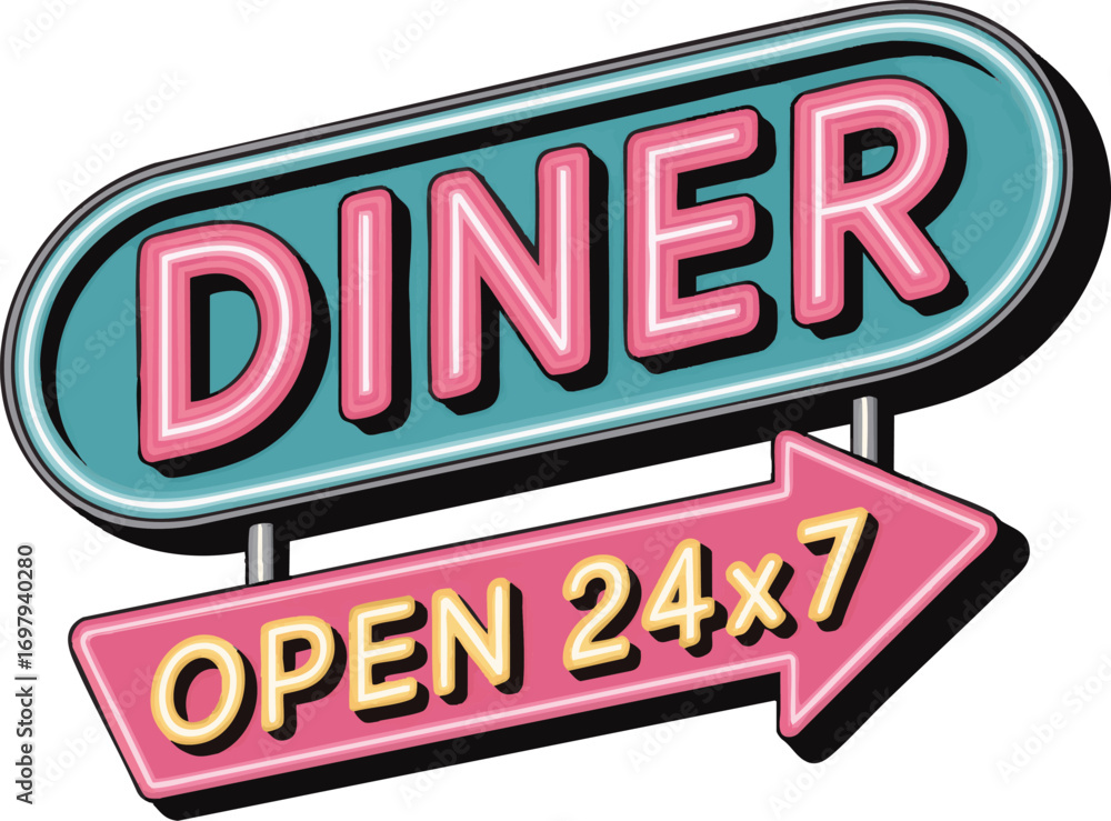 Fototapeta premium Retro diner sign vector – roadside board with arrow design, turquoise and pink neon, open 24 hours flat vector label with badge style