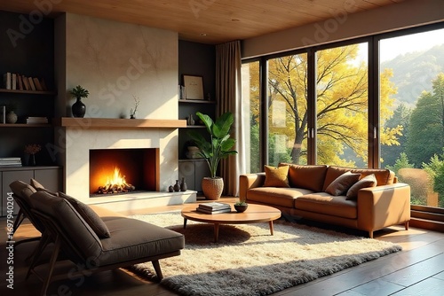 Cozy living room with fireplace, plush rug, and large windows offering abundant natural light Perfect for relaxation and comfortable evenings at home , serenity, sofa