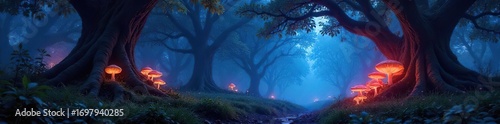Enchanted forest at twilight, glowing mushrooms and ancient trees, mystical atmosphere Magical beams of light pierce the canopy, creating an ethereal scene , darkness, legend, spiritual