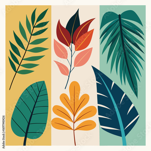 Vibrant leaf illustrations in modern minimalist style for design