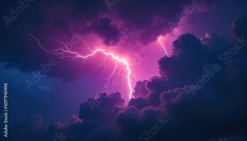 Close-up shot of a vibrant, naturally occurring lightning strike etched across a dark, stormy sky The powerful bolt illuminates the clouds with intense brilliance , force, impressive