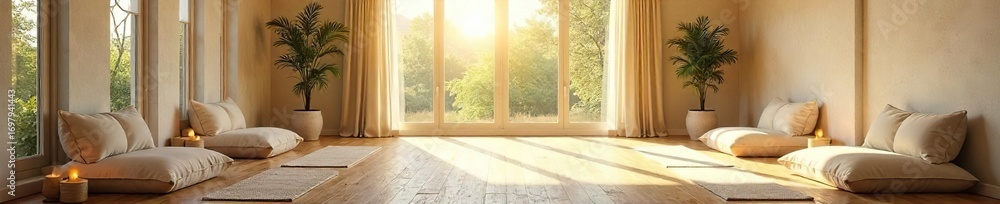 Fototapeta premium Serene meditation studio bathed in soft natural light, featuring comfortable seating and calming decor Ideal for relaxation, mindfulness, and inner peace , cushions, wood, windows