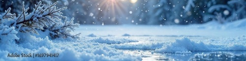 Icy snowflakes fall on a frozen landscape, creating a beautiful winter scene The ground is covered in a layer of glistening ice, and the air is crisp and cold , icy landscape, pattern, peaceful