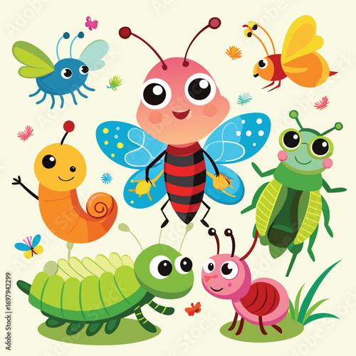Colorful cartoon insects and bugs in playful garden setting