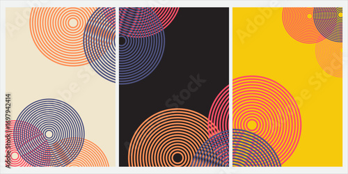 Collection of 70s poster, banner, cover, card. background . Set of retro wall decoration, groovy, trippy, colorful line. Vintage hippie wall art for interior, decorative, dots flayer simple and trendy
