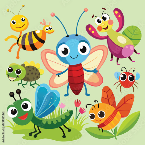 Colorful cartoon insects playing in a vibrant garden setting
