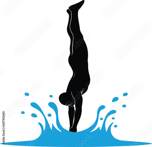 Silhouette of a diver performing a handstand entry into blue water diving plunge