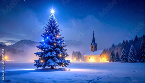 Wallpaper Mural A serene winter scene displays a snow-covered Christmas tree, illuminated by twinkling lights, beside a charming church at night, bathed in a soft blue-toned twilight. Torontodigital.ca