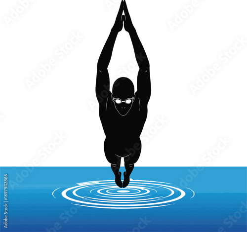 Silhouette of a male swimmer in a diving position entering blue water swimming dive